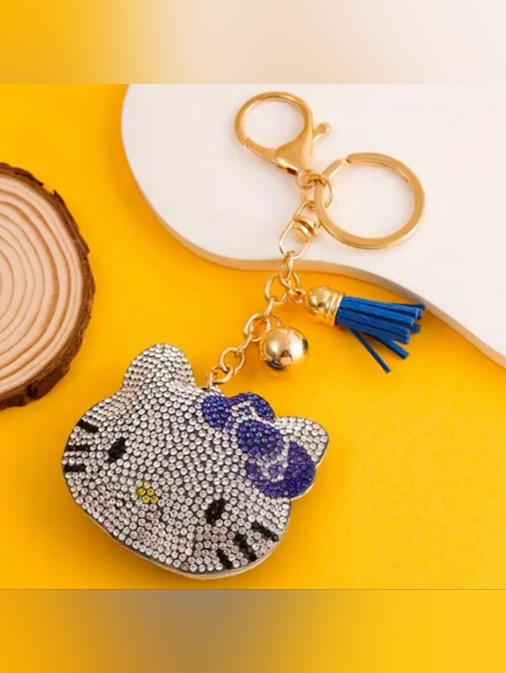 Hello Kitty Blue Bow Crystal Rhinestone Keychain Bag Charm With Tassel